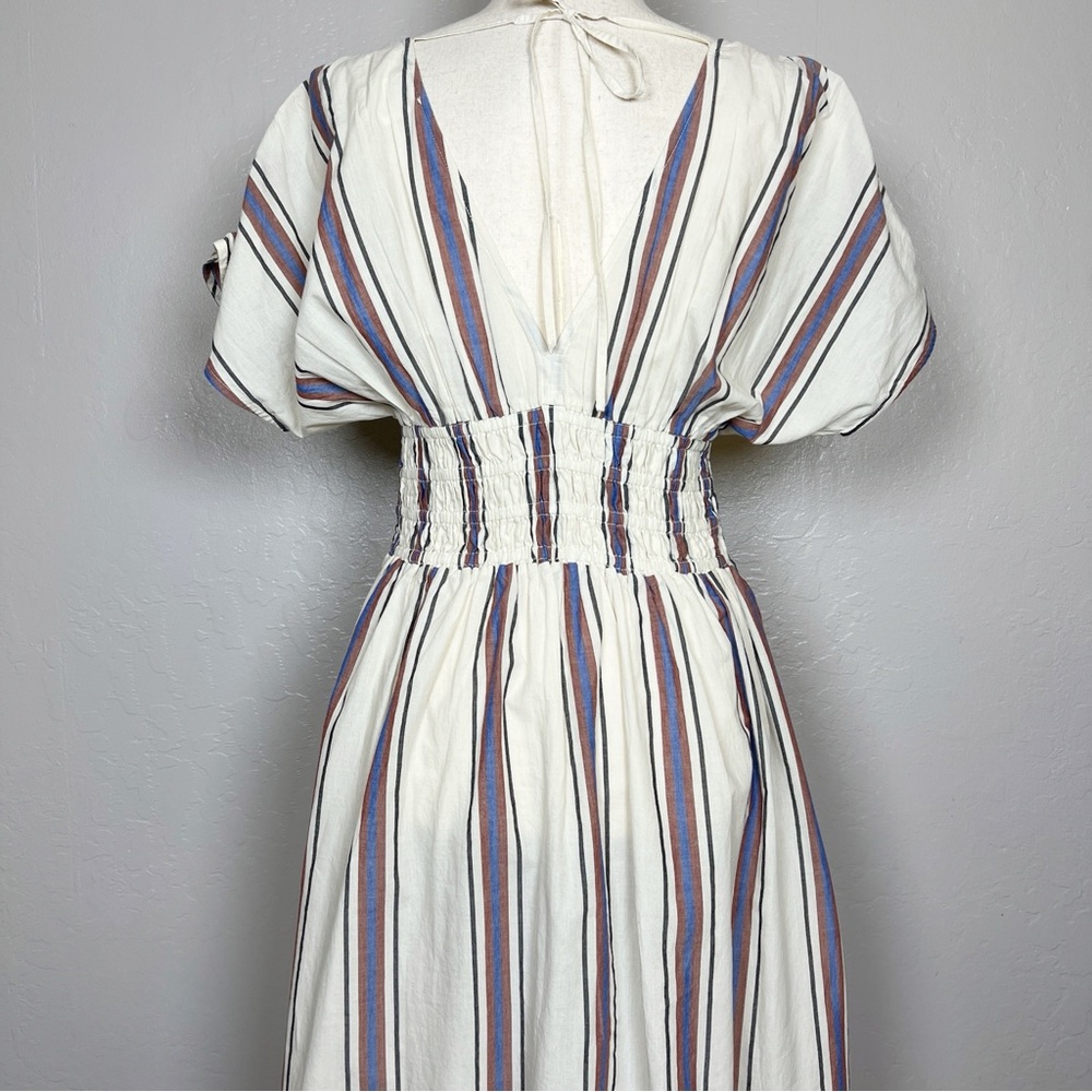 LOFT Beach Women’s Size S Ivory Blue Striped Smocked V-Neck Midi Dress Pockets - Picture 11 of 15